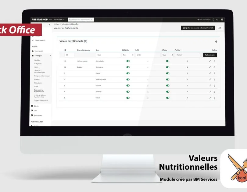 Back Office Module Valeurs Nutritionnelles Prestashop